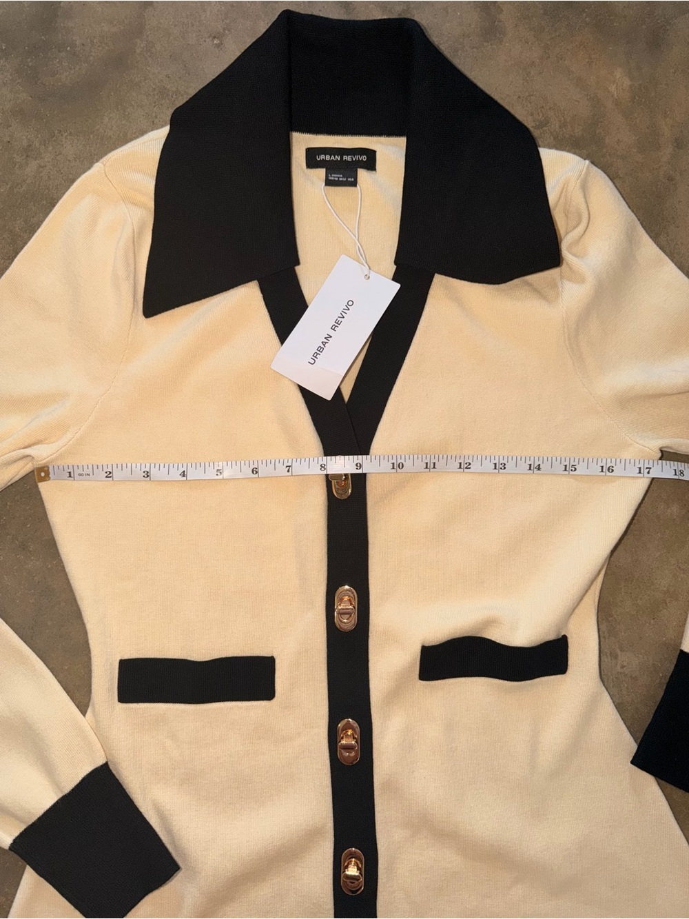 Urban Revivo NWT Contrast Knit Sweater Dress Gold Buttons Ivory Black US 8 - Picture 9 of 13